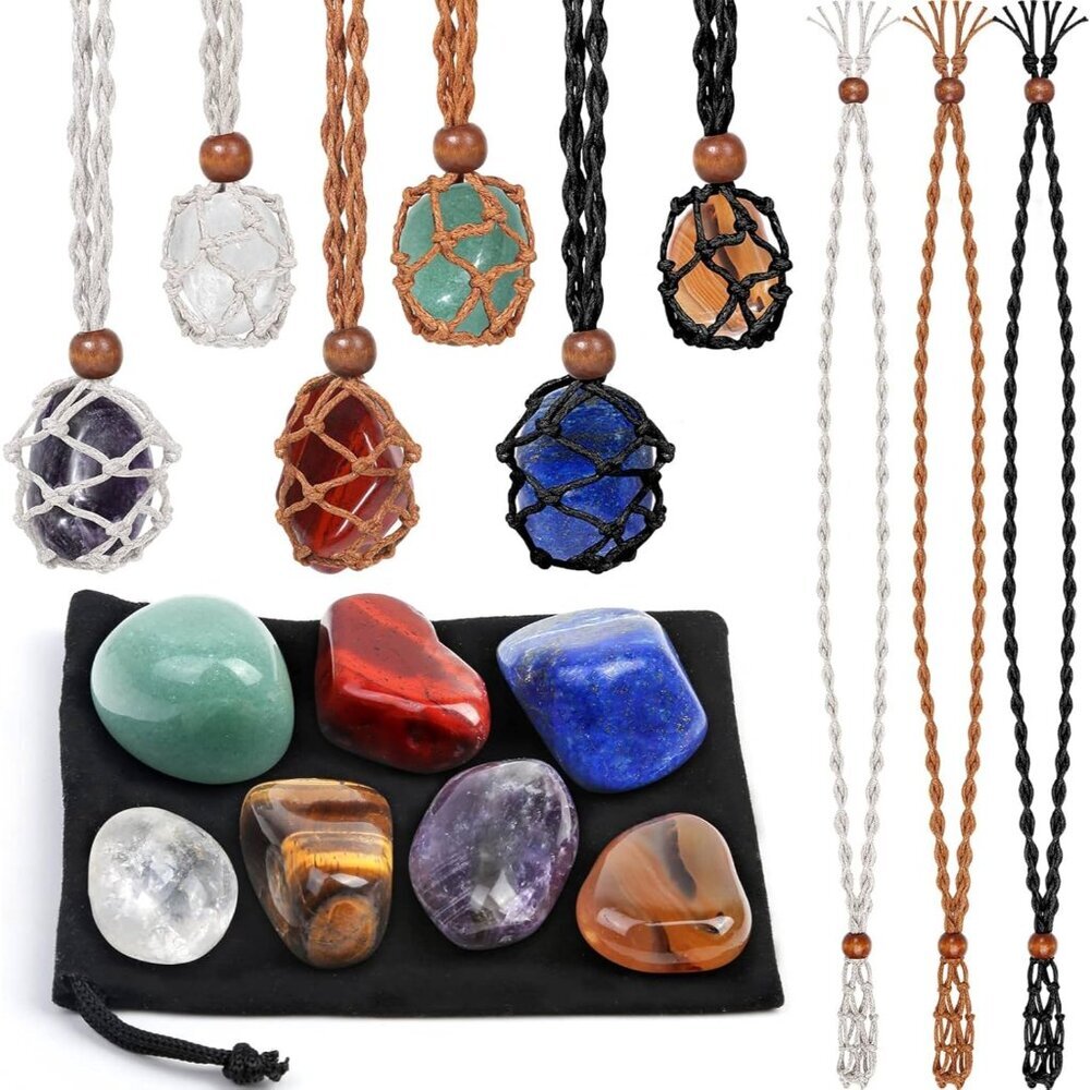 Crystals Necklace Holders and Healing Stones Set, 6Pcs Adjustable Crystal Cage w